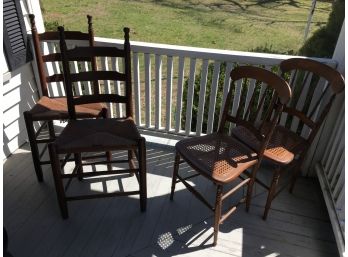 Two Pairs Of Antique Chairs - Two Early Ladderback Chairs & Pair Antique Side Chairs - Four Chairs One Bid