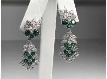 Incredible Pair Sterling Silver / 925 Chandelier Earrings With Emeralds & White Sapphires - Sparklers !