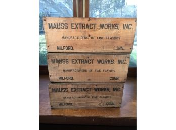 Lot Of Three Vintage / Antique Milford Conn. Crates From MAUSS EXTRACT WORKS - Lots Of Uses !