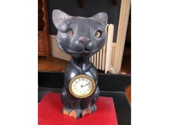 Very Unusual Antique Carved Wood Figural Cat Clock - Ansonia Clock Company Early 1900s - 1920s VERY COOL