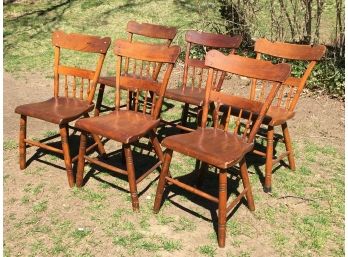 Wonderful Set Of Six (6) Antique Plank Seat Chairs 1860s - 1880s - Great Patina - Overall Very Nice Chairs