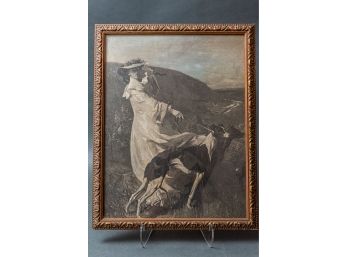 Gold Framed Vintage Print Of Victorian Woman With Her Dogs