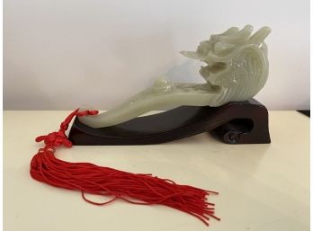 Carved Jade Dragon On Wood Stand