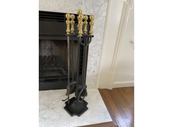 Brass And Metal Black 4 Pieces Fireplace Tools Plus Stand