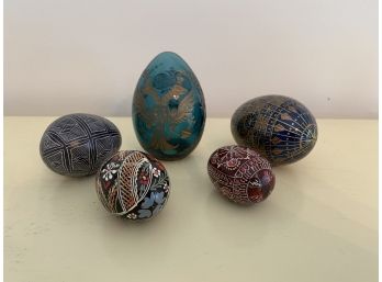 Group Of FIVE Decorative Painted And Etched Eggs ONE Signed
