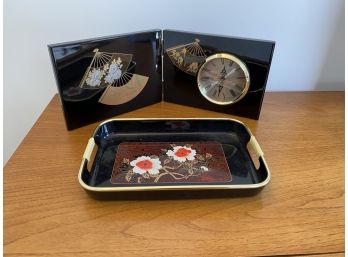 Asian Design  Desk Clock And Tray Made In Japan