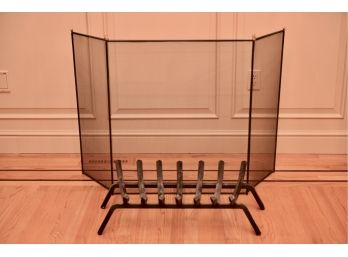 Mesh Fireplace Screen And Cast Iron Log Holder