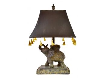 Elegant Elephant Table Lamp With Distressed Vinyl And Tasseled Shade