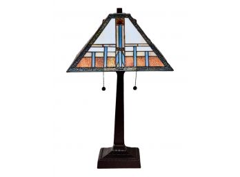 Mission Style Table Lamp With Stained Glass Shade