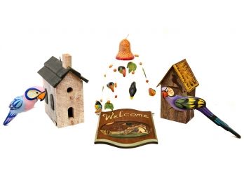 Collection Of Bird Houses, Toucan Wind Chime And Pair Of Hand Painted Parrot Figurines