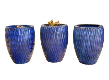 Set Of Three Cobalt Blue Glazed Decorative Large Planters
