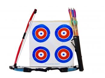 Pair Of Archery Bows, Drew Polystyrene Foam Target Block With A Neet Arrow Bag And Arrows