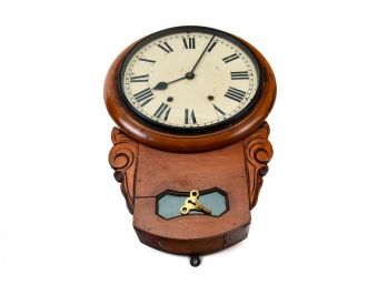 Antique Wood Cased Wall Clock With Original Key