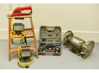 Ryobi Power Drill, Bench Grinder, Halogen Work Lights, Werner Ladder And More