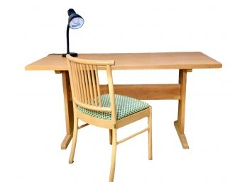 Oak Wood Desk And Complementary Chair With Desk Lamp