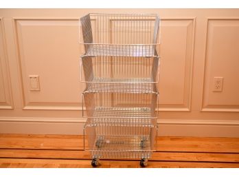 Four Stackable Wire Cubby Baskets On Casters