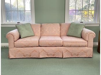 An Upholstered Sofa In Pink Brocade By Hickory & White