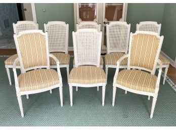 A Set Of Louis XVI Cane Back Upholstered Dining Chairs