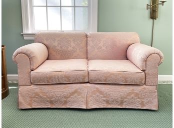 An Upholstered Causeuse In Pink Brocade By Hickory And White