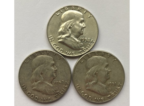 3 Franklin Half Dollars Dated 1951, 1952, 1958 D