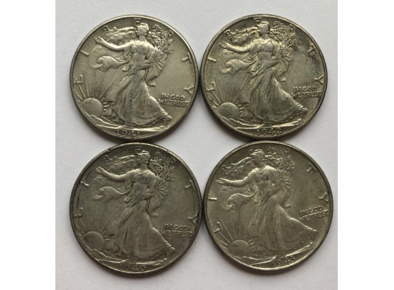 4 Walking Liberty Half Dollars With Consecutive Dates 1940, 1941, 1942, 1943