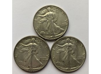 3 Walking Liberty Half Dollars With Consecutive Dates 1941 S, 1942, 1943