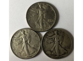 3 Walking Half Dollars Dated 1940, 1943, 1945