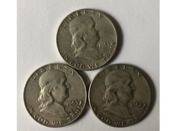 3 Franklin Half Dollars With Consective Dates 1951, 1952, 1953 D
