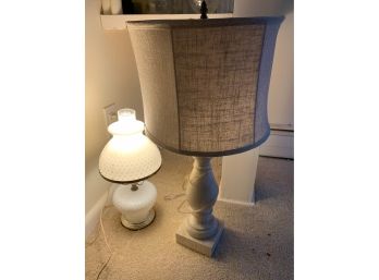 Lot Of 2 Lamps One White Milk Glass Hurricane Lamp Style And Linen Like Grey Lamp