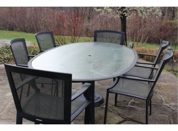 Brown Jordan Patio Table, Chairs And Umbrella Stand