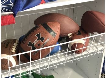 Basket Of Seven Footballs In Different Sizes