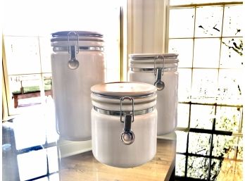 Three White Bee House Condiment Jars With Rubber Sealing