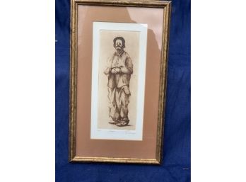 Clown Sketch Signed By Artist In Pencil Framed In Gilt Frame And Glass