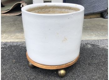 Ceramic Planter On Rolling Wood Stand