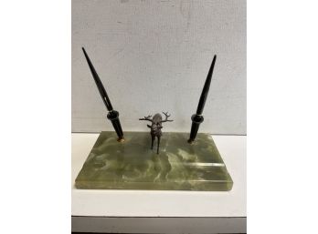 Fountain Pen Holder On Onyx Base With Metal Elk Standing.
