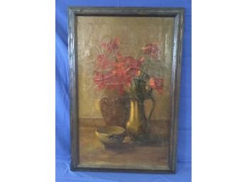 Signed Oil On Canvas Still Life Painting Flowers & Bowl