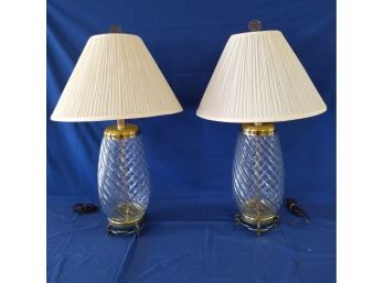 Large Pair Of Glass And Brass Lamps Asain Flair