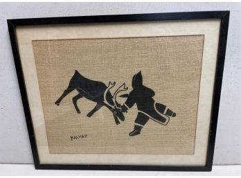 Silkscreen On Burlap By Canadian Inuit Artist Helen  Kalvak 1901-1984 Eskimo And Reindeer.