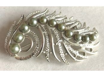 Signed 'SARAH COV' Pin,, Silver Tone With Green Berries