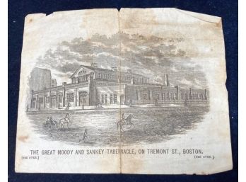 Small Broadside Featuring  The Great Moody &  Sankey Tabernacle, Tremont St Boston