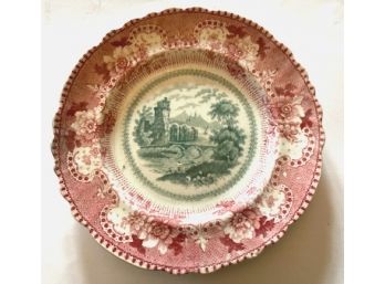 Beautiful Early Staffordshire Plate, Red Border With Green Castle/Bridge  Image In Center