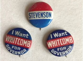 THREE Political Campaign Buttons: 'STEVENSON' & 'WHITCOMB'