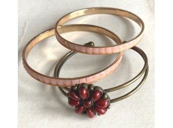 THREE BANGLES, Two Are Pink & One With A Red Flower