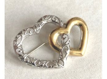 Pretty Pin Of ENTWINED HEARTS, GOLD TONE & SILVER TONE