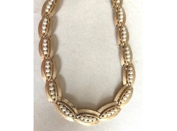 Pretty Signed 'TRIFARI' Necklace, Gold Tone Decorated With Faux Seed Pearls