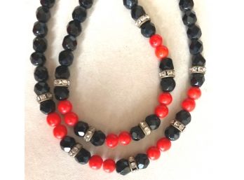 Striking Red, Black & Clear Rhionestone Double Strand Necklace