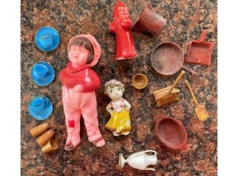 Hard Plastic Doll, Bisque Doll, Bisque Fire Hydrant & Sundry Doll House Items