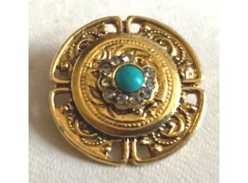 Simply Stunning Small Gold Tone Pin With Green Stone Surrounded By Tiny Rhinestones