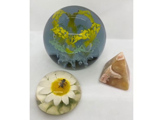 3 Paperweights:  Bee On Daisy,  Yellow & White Floral & Marble Pyramid