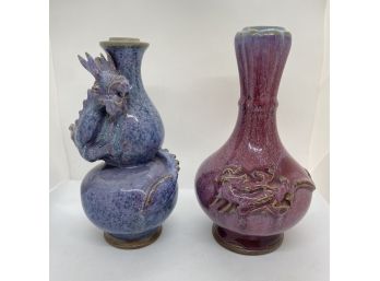 2 Handmade Glazed Ceramic Vases, Dragon Design